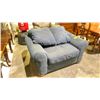 Image 2 : LARGE BLUE UPHOLSTERED CHAIR WITH 2 BACK CUSHIONS *NEEDS LIGHT CLEANING*