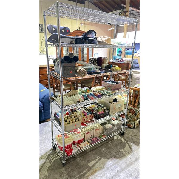 RACK OF ASSORTED HATS, MASKS & CRAFTING/ART SUPPLIES