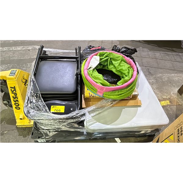 PALLET OF FOLDING METAL CHAIRS, PLAY TUNNEL, FOLDING TABLE & MORE *MUST TAKE ALL ON PALLET*