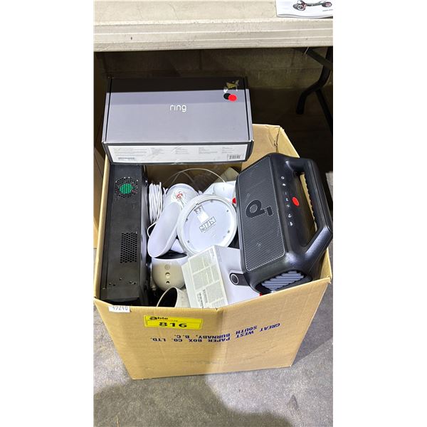 BOX OF ASSORTED SECURITY CAMERAS, SPEAKERS & MORE - *WORKING CONDITION UNKNOWN/MAY BE MISSING PARTS