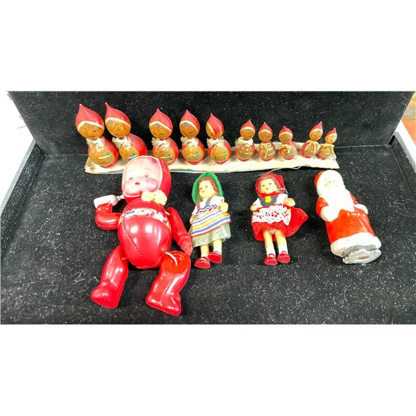 ASSORTED VINTAGE FIGURINES INCLUDING; KOKESHI SHOWA DOLLS, 1920'S SANTA, GERMAN MINIATURE DOLLS &