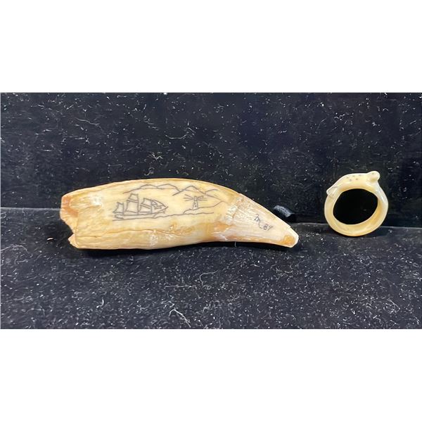 WHALE TOOTH ETCHED IN INK BY MEL HULL 3.5" & BONE CARVED INUIT SEAL RING