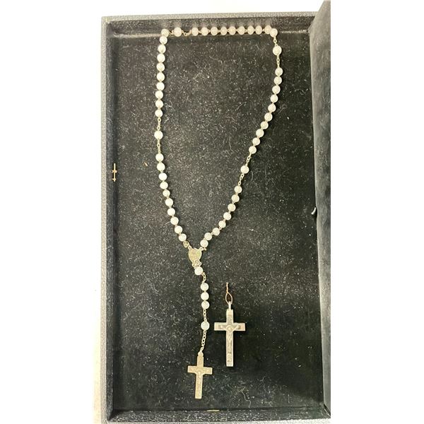 BEADED QUARTZ NECKLACE WITH JESUS ON CROSS PENDANTS