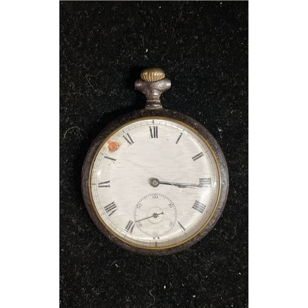 VINTAGE 1911 POCKET WATCH WITH REAR INSCRIPTION (DOES NOT TICK, TIMER WORKS, FACE DAMAGED)