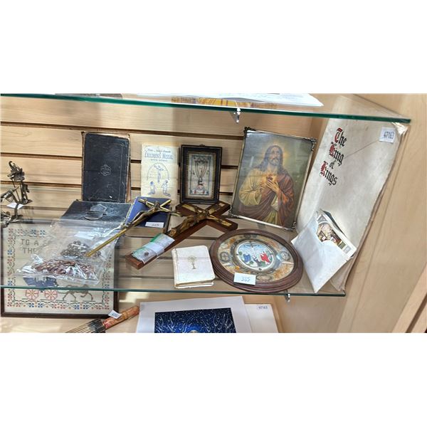 ASSORTED RELIGIOUS ITEMS INCLUDING; BOOKS. ARTWORK, JEWELRY & MORE