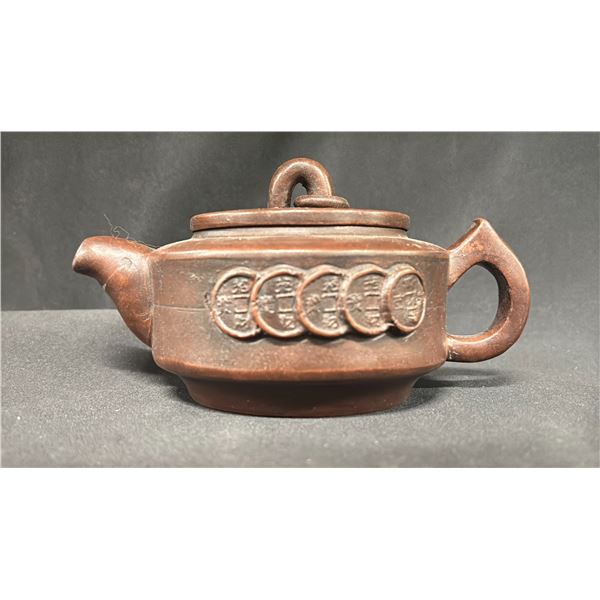 A 'CHAIN OF COINS' PURPLE CLAY TEAPOT