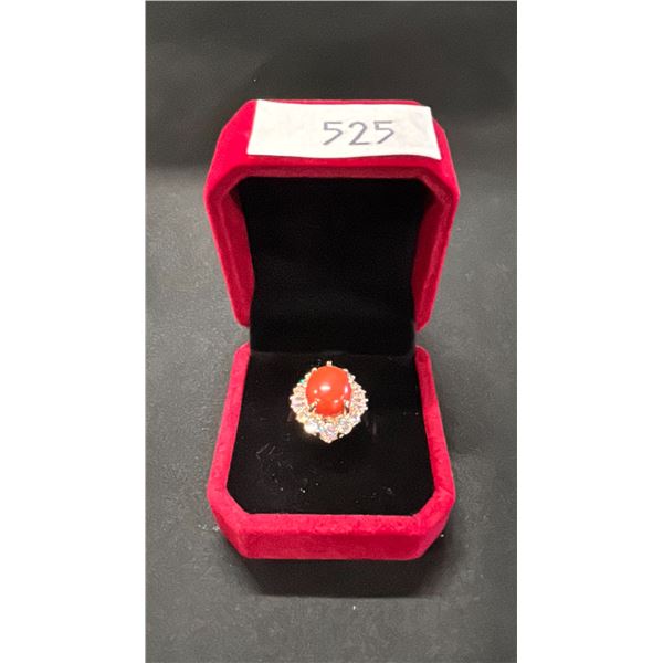 A JAPANESE RED CORAL RING IN BOX