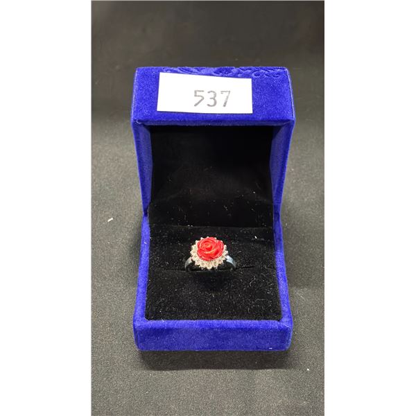A JAPANESE RED CORAL FLOWER RING