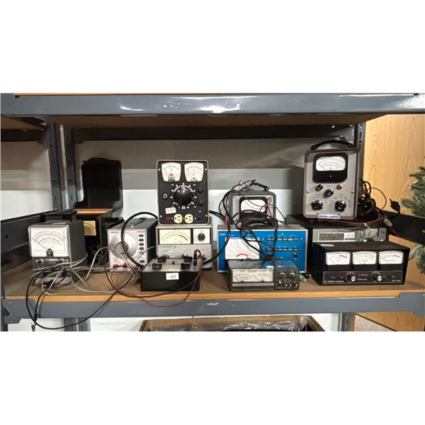 SHELF OF ASSORTED CB RADIO ITEMS: POWER SCANNER, AUTO MULTITESTER, AUDIO GENERATOR, VOLT METER,