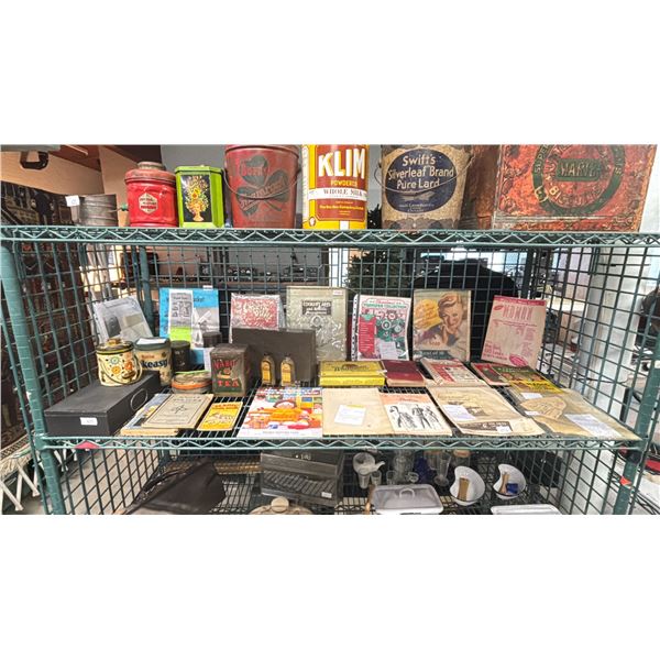 SHELF OF ASSORTED PAMPHLETS, VINTAGE TIN CANS, & MORE