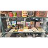 Image 1 : SHELF OF ASSORTED PAMPHLETS, VINTAGE TIN CANS, & MORE