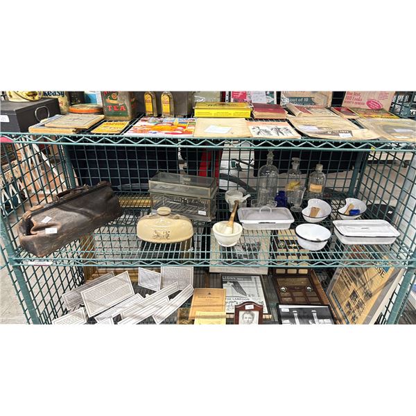 SHELF OF ASSORTED GLASSWARE, MORTAR PESTLE, THE TORSION BALANCE & MORE