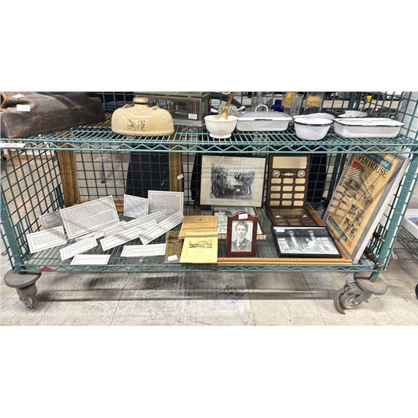 SHELF OF FRAMED MEMORABILIA, GOLF TOURNAMENT PLAQUES & MORE