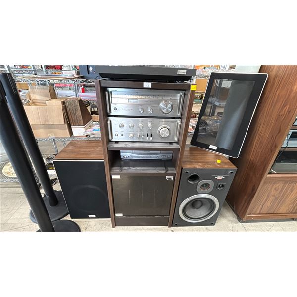 TOSHIBA STEREO, EMERSON VHS PLAYER, TOSHIBA RECORD PLAYER & TWO TOSHIBA SPEAKERS WITH STAND