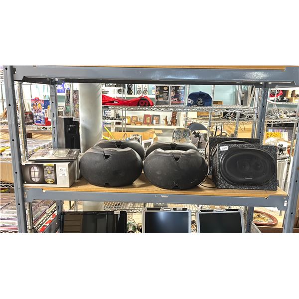 SHELF OF VARIOUS SPEAKERS, TRIPP-LITE OMNI1000LCD UPS BATTERY & A LUMINAIRE OUTDOOR WALL LIGHT