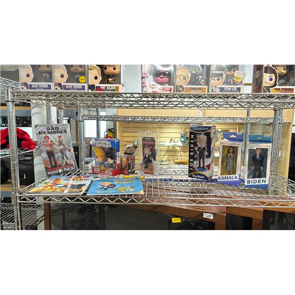 SHELF DONALD TRUMP ITEMS + KAMALA HARRIS & JOE BIDEN ACTION FIGURES
