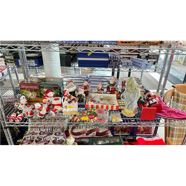 SHELF OF CHRISTMAS DECORATIONS - NUTCRACKERS, SANTAS, CANDLEHOLDERS & MORE
