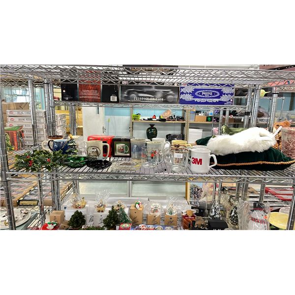 SHELF OF VARIOUS MUGS, CHRISTMAS DECOR & MORE