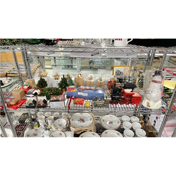 SHELF OF VARIOUS CHRISTMAS DECORATIONS, HOLIDAY TRAINS, ILLUMINATED SNOWMAN & MORE