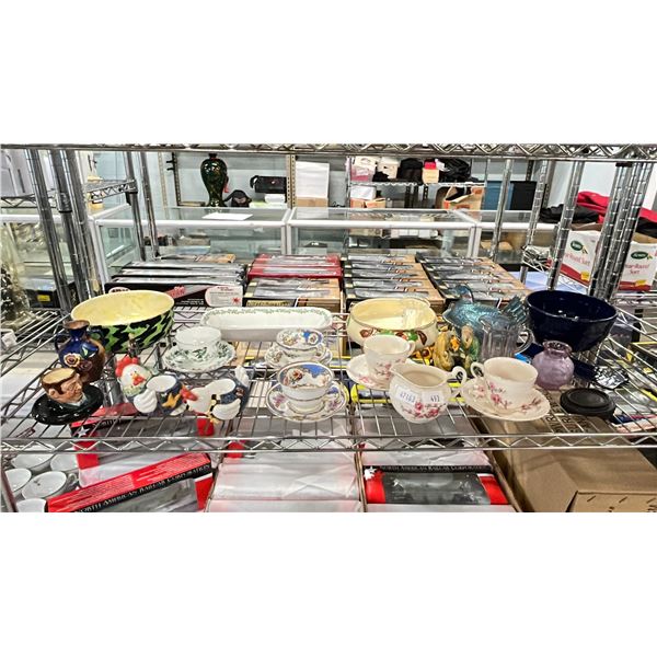 SHELF OF VARIOUS CHINA, CARNIVAL GLASS HEN & MORE