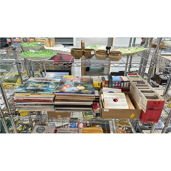 SHELF OF ASSORTED RECORDS, VHS & CASSETTE TAPES