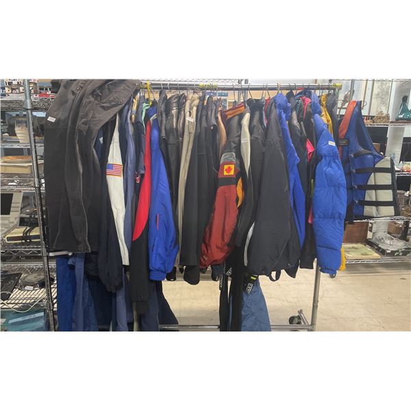 LARGE ASSORTMENT OF JACKETS, COVERALLS & VESTS (ASSORTED BRANDS & SIZES) **RACK NOT INCLUDED**