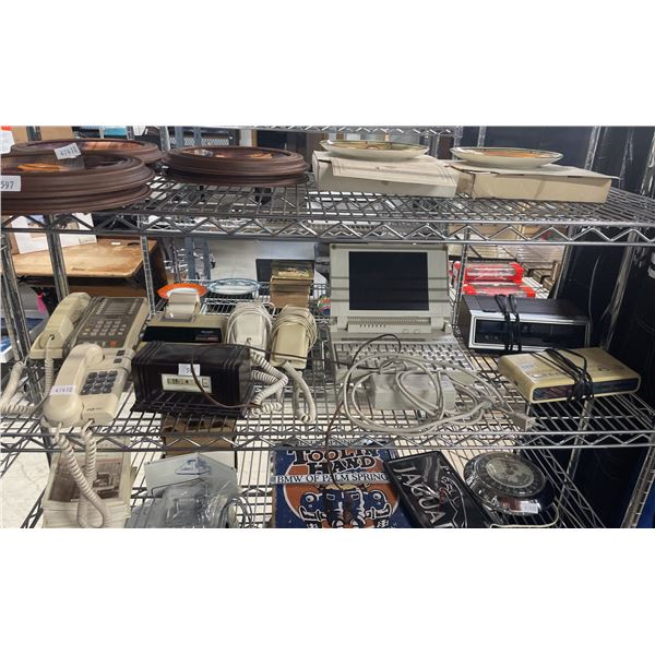 SHELF OF VINTAGE PHONES, ALARM CLOCKS & A ZENITH DATA SYSTEM