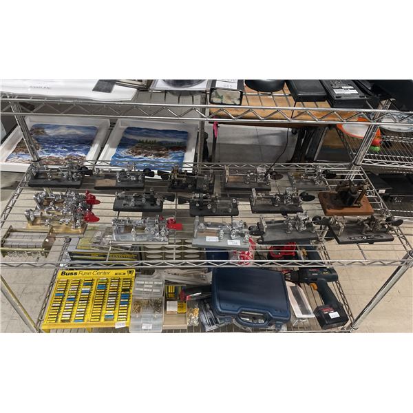 SHELF OF TELEGRAPH KEYS & SEMI AUTOMATIC MORSE CODE KEY "BUGS"