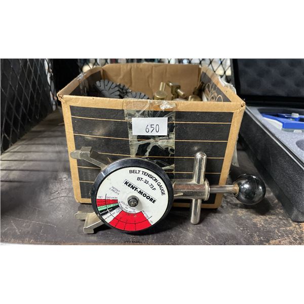 KENT-MOORE BELT TENSION GAUGE  & BOX OF ASSORTED DIAL GAUGES