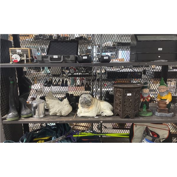 VULCAN SIZE 9 RUBBER BOOTS, GARDEN DECOR ITEMS - GNOMES, PUG STATUE, ROOSTER STATUE, METAL BENCH,