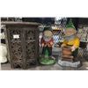 Image 2 : VULCAN SIZE 9 RUBBER BOOTS, GARDEN DECOR ITEMS - GNOMES, PUG STATUE, ROOSTER STATUE, METAL BENCH,