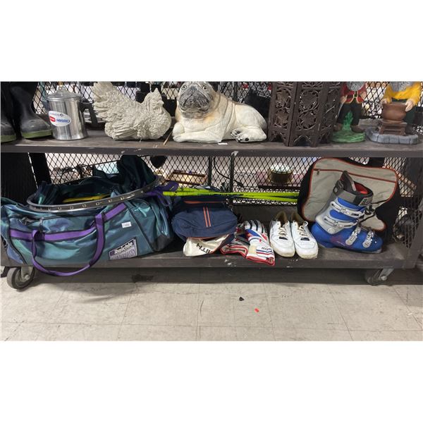 SHELF OF SKI BOOTS, SKI POLES, GLOVES & MORE