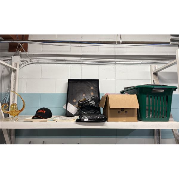 SHELF OF CANADIAN NATIONAL BOOKLETS, SHADOW BOX, BOX OF STATIONERY, STORAGE CONTAINERS & GLASS