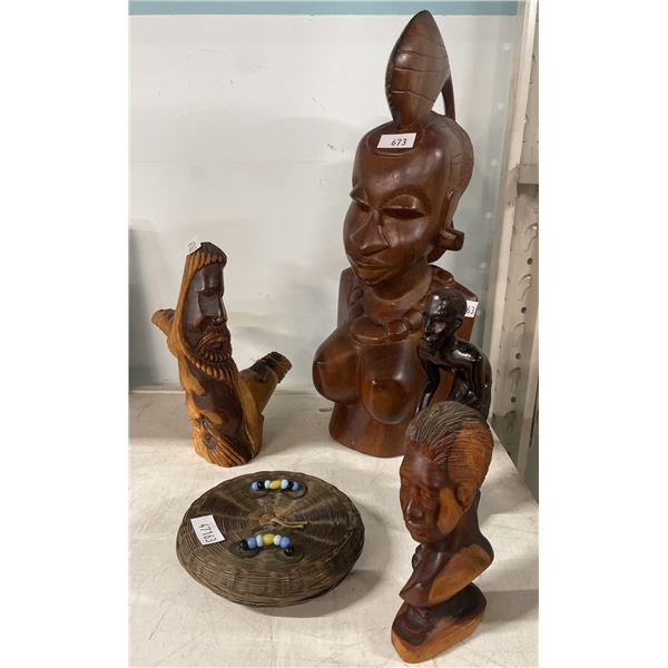 4 ASSORTED WOODEN STATUES & WOVEN DECORATIVE BASKET