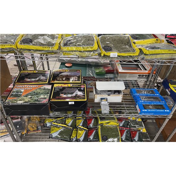 SHELF OF HO SCALE MODEL TRAIN SCENIC STRUCTURES, 3 TRAINS CANADA HO SCALE MODEL TRAINS & BOX OF