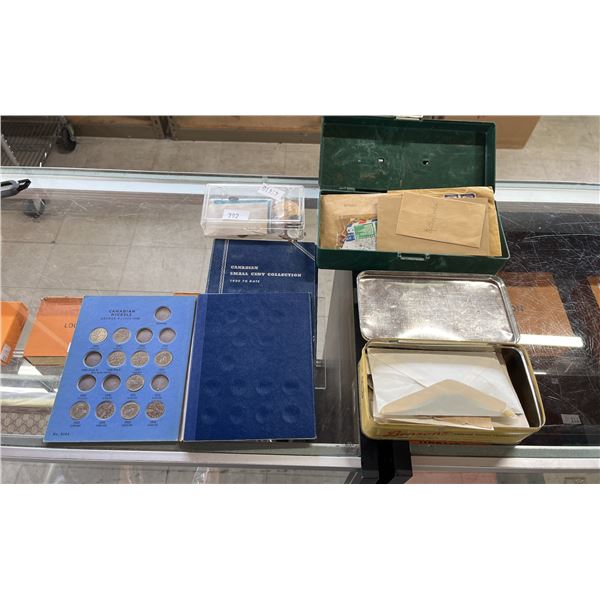 ASSORTED CANADIAN COINS & 2 TINS OF STAMPS