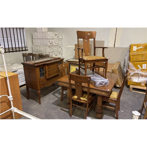ANTIQUE DINING SUITE INCLUDING; TABLE WITH LEAVES (44" X 29.5"), 5 CHAIRS & SIDEBOARD (46" X 19" X