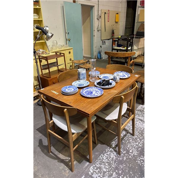 MID CENTURY MODERN DANISH DRAW LEAF TABLE (47" X 31" X 29") WITH 4 CHAIRS (CONTENTS NOT INCLUDED)