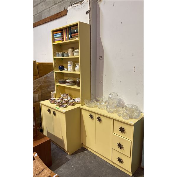 VINTAGE BOOKSHELF WITH 2-DOOR CABINET (30" X 22" X 81") & 2-DOOR 3-DRAWER PANTRY CABINET (36" X 16"