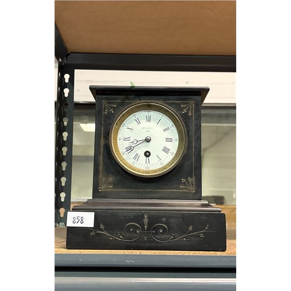 ANTIQUE BLACK MARBLE MANTLE CLOCK WITH KEY MADE IN PARIS
