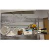 Image 1 : SHELF OF ASSORTED ITEMS INCLUDING; ANTIQUE LIGHTS, VINTAGE ELECTRICITY CONVERTER, VINTAGE BIG DADDY