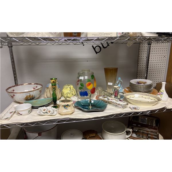 SHELF OF ASSORTED ITEMS INCLUDING; DINNERWARE, VASES, TEAPOTS & MORE
