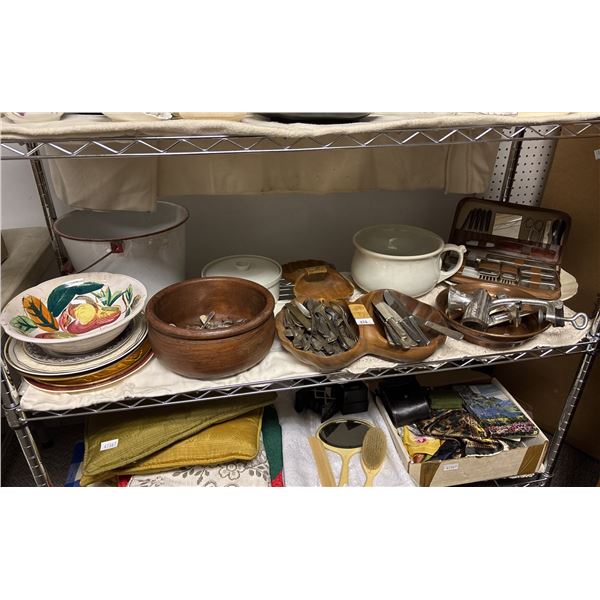 SHELF OF ASSORTED ITEMS INCLUDING; FLATWARE, DINNERWARE, VINTAGE BEAUTY KIT & MORE