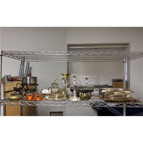 SHELF OF ASSORTED ITEMS INCLUDING; CANDLE HOLDERS, COPPER TEACUPS, FONDUE KIT & MORE