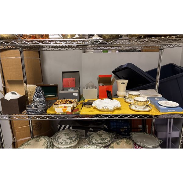 SHELF OF ASSORTED ITEMS INCLUDING; HOME DECOR, TEACUPS & SAUCERS, LETTER OPENER, BOOK ENDS & MORE