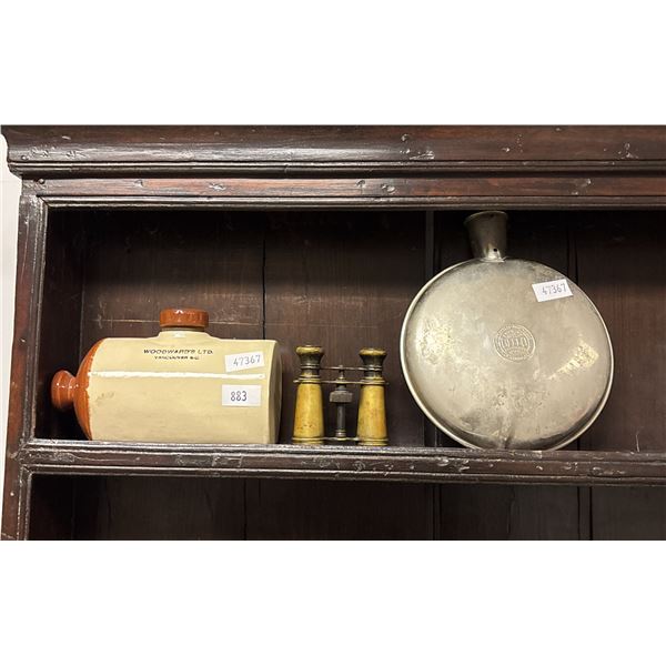 ASSORTED ANTIQUES INCLUDING; HOT WATER BOTTLE, BRASS BINOCULARS & GREEN & CO POTTERY JUG