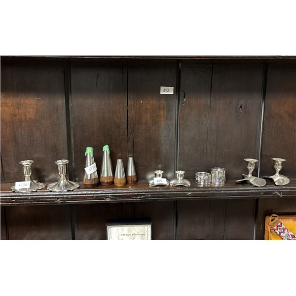 ASSORTED ANTIQUES INCLUDING; CANDLE HOLDERS, NAPKIN RINGS & SALT & PEPPER SHAKERS