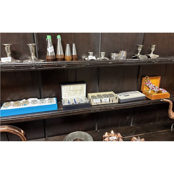 ASSORTED ANTIQUES INCLUDING; CROSS PENS, SALT & PEPPER SHAKERS, NAPKIN RINGS & MORE