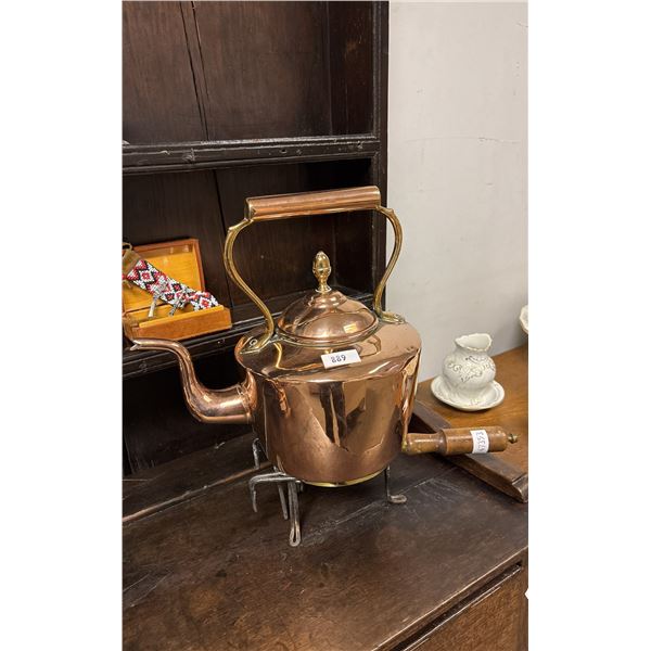 LARGE COPPER TEAPOT WITH HANDLED STAND