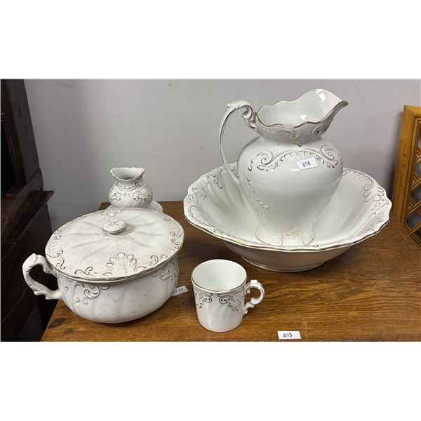 5-PC ASSORTED GOLD ACCENTED ITEMS INCLUDING; WASH BOWL, MUG, CREAM CUP WITH SAUCER & POT